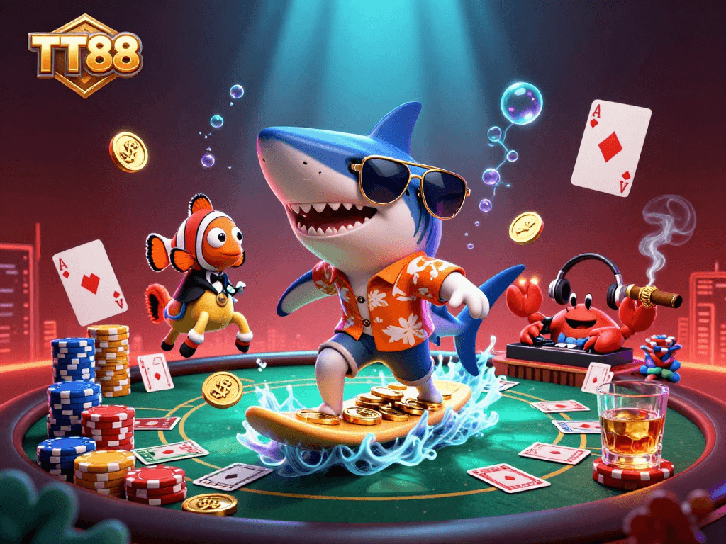 Engage with TT88's vibrant casino scene featuring a shark, clownfish, and crab amidst poker elements.