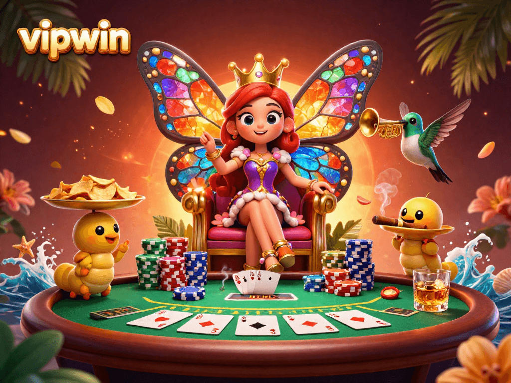 Experience thrilling poker action at vipwin with a vibrant butterfly queen and lively gaming elements.