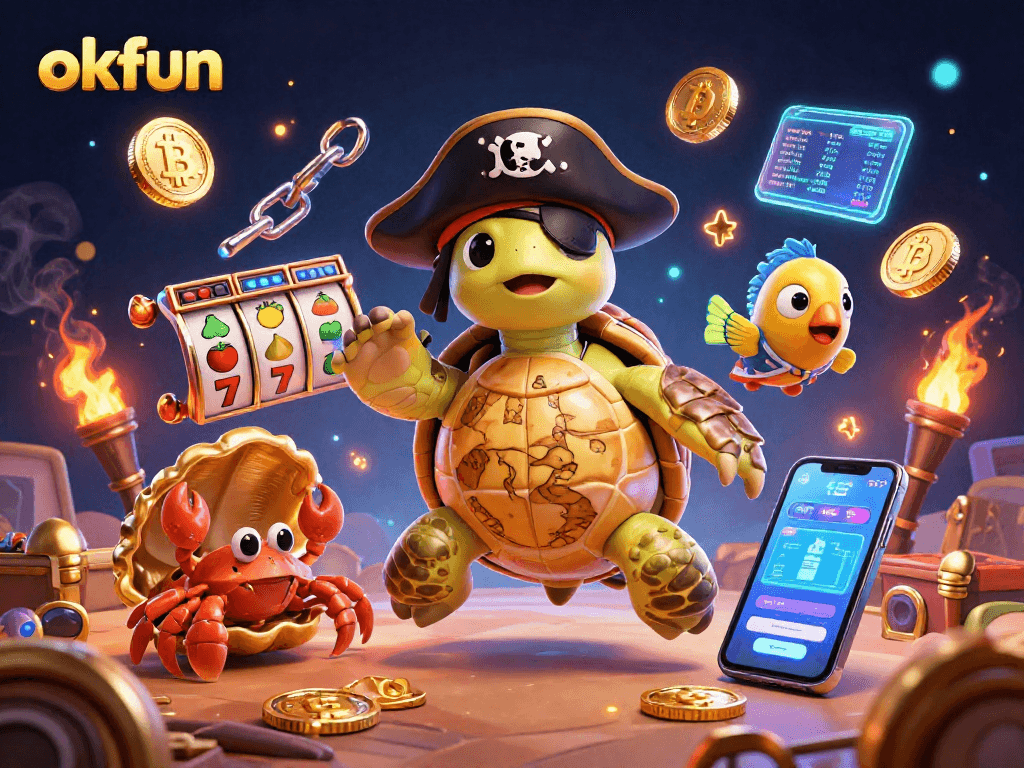 Spin and win with okfun in this vibrant 3D casino adventure featuring a pirate turtle, crab, and parrotfish.