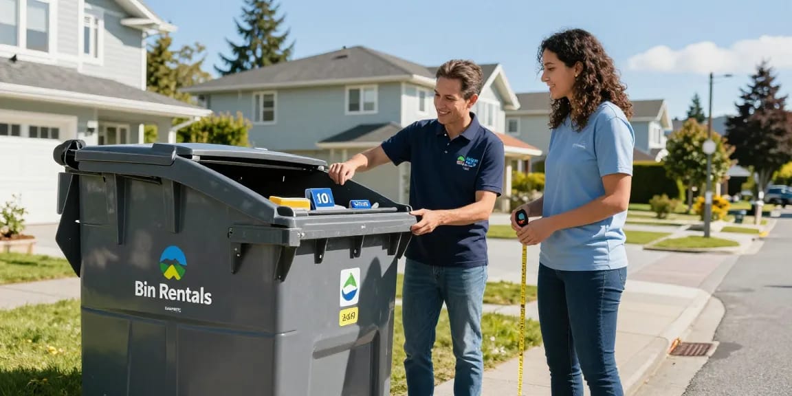 Vancouver Bin Rentals - A service provider assists a homeowner in selecting the right dumpster size in a vibrant suburban setting.