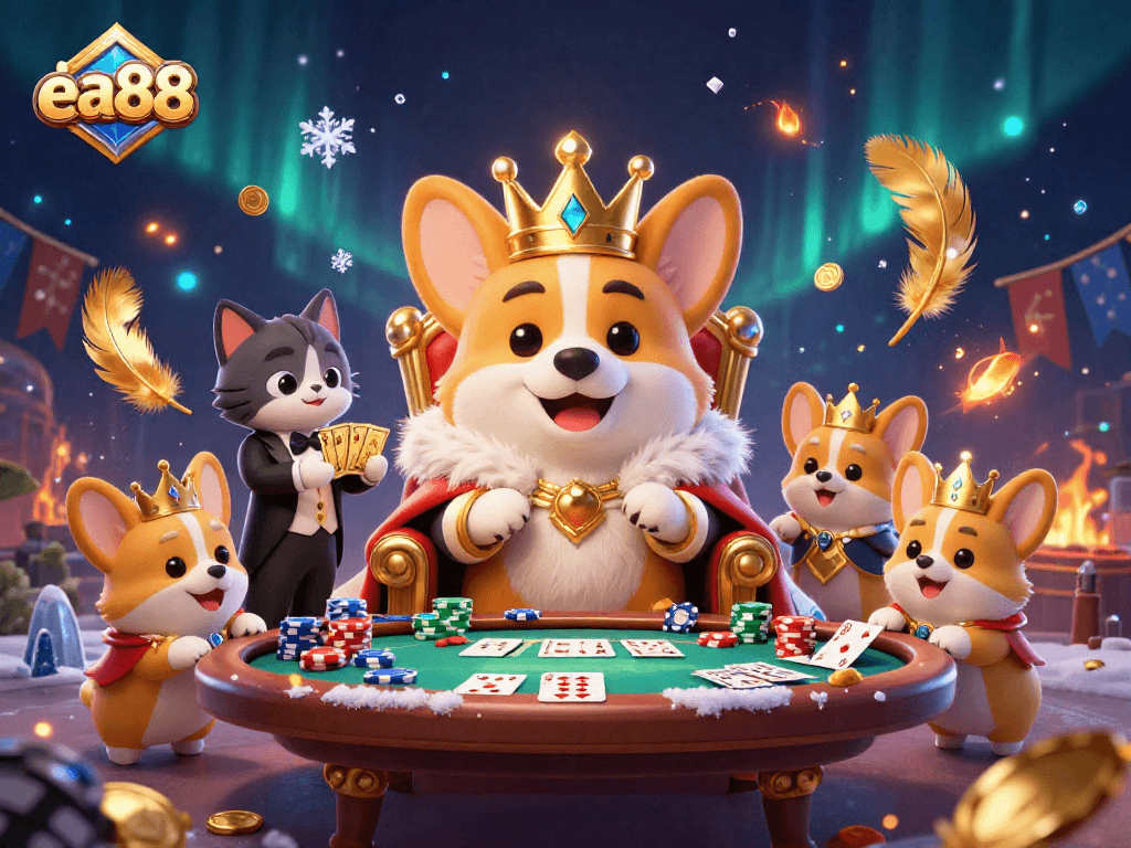 Experience thrilling action at ea88 with an animated corgi seated on a poker throne, flanked by a cat butler and golden card deck.