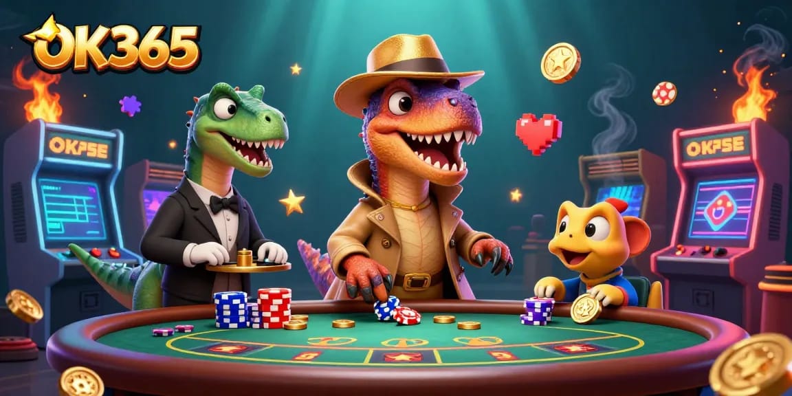 Experience the excitement of OK365 with a thrilling casino illustration featuring a velociraptor at a blackjack table.