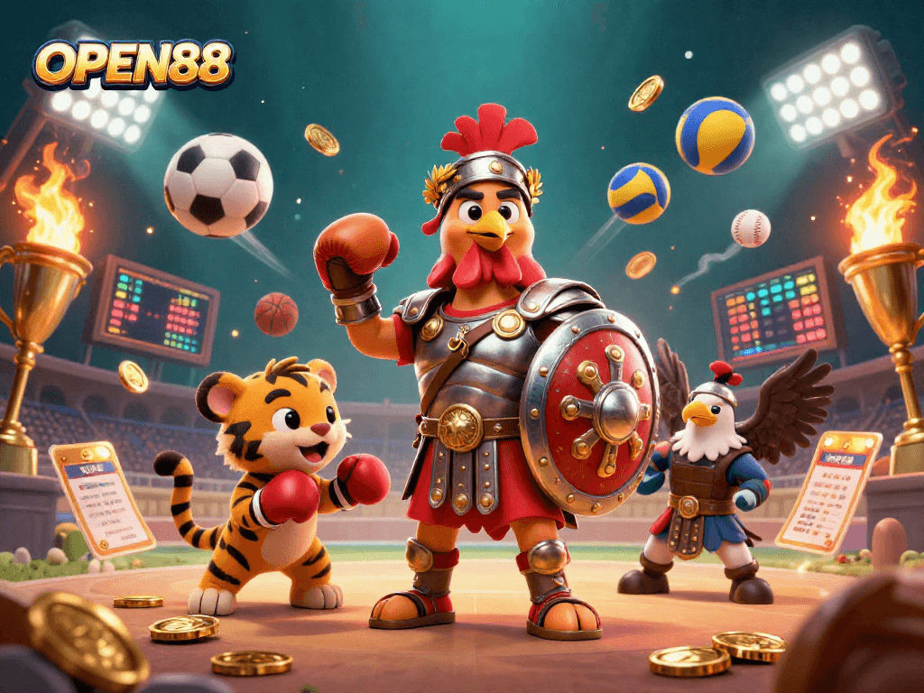 Experience the thrill of sports betting with OPEN88 in a vibrant, action-packed 3D illustration.