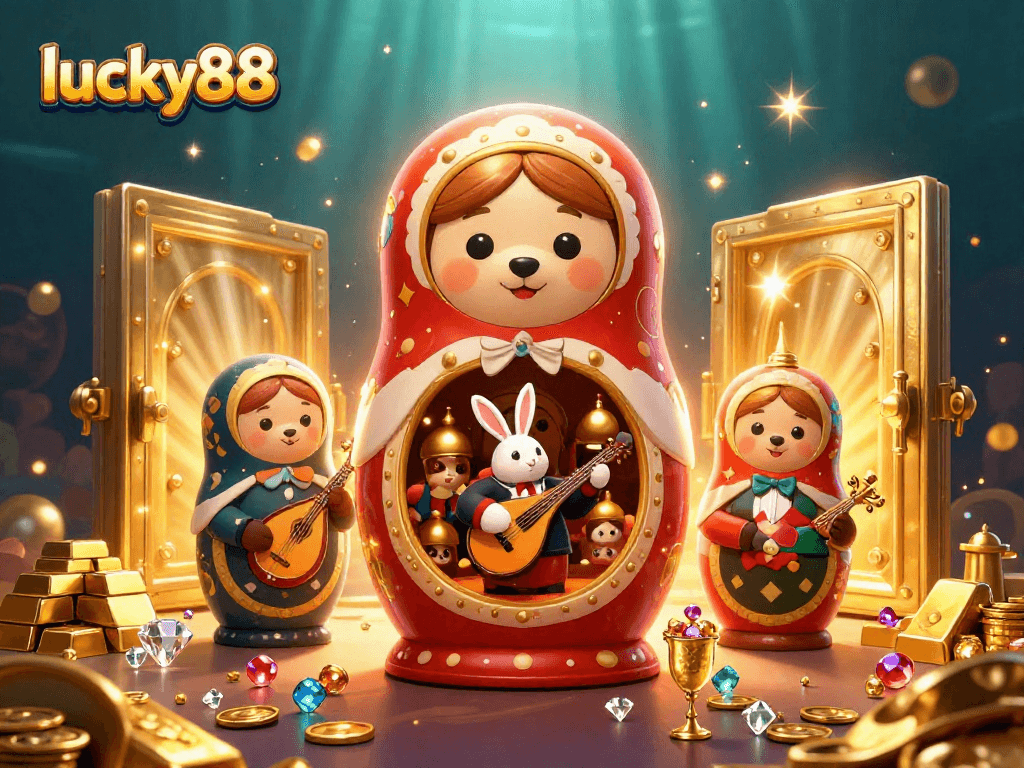 Experience the excitement of lucky88 through vibrant casino-themed characters and rich treasures in this illustration.