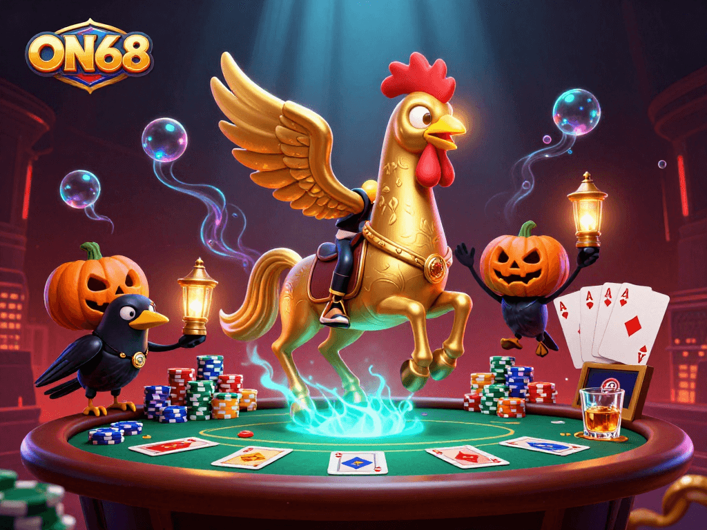 Experience thrilling gameplay at ON68 with a golden rooster riding through a magical casino atmosphere.