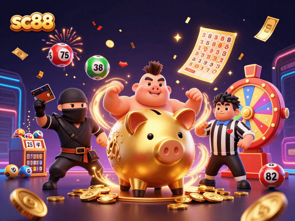 Engage in thrilling gameplay with sc88 as colorful lottery elements and golden piggy bank action unfold.