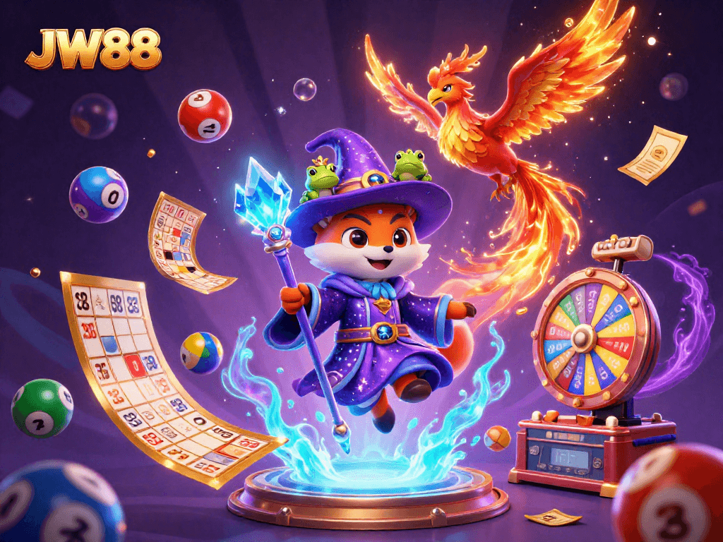 Experience the magical world of JW88 with a wizard fox and vibrant casino elements.