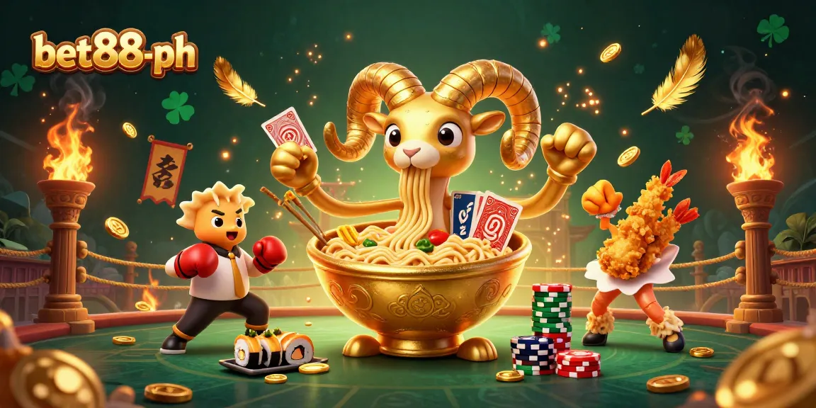 Experience the thrill of bet88-ph with lively characters in a Japanese casino scene, featuring a ramen bowl dealer amidst dynamic game elements.