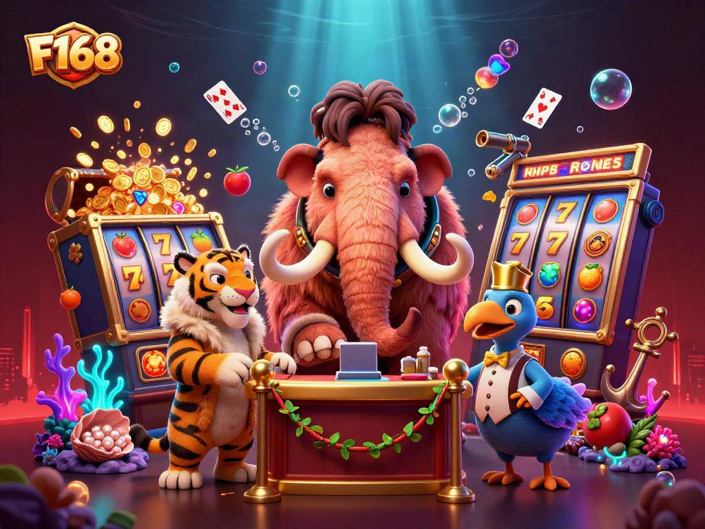 Engage with the F168 casino scene featuring a woolly mammoth bouncer ensuring access as game excitement unfolds.