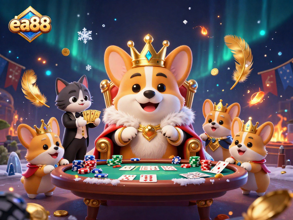 Experience thrilling action at ea88 with an animated corgi seated on a poker throne, flanked by a cat butler and golden card deck.