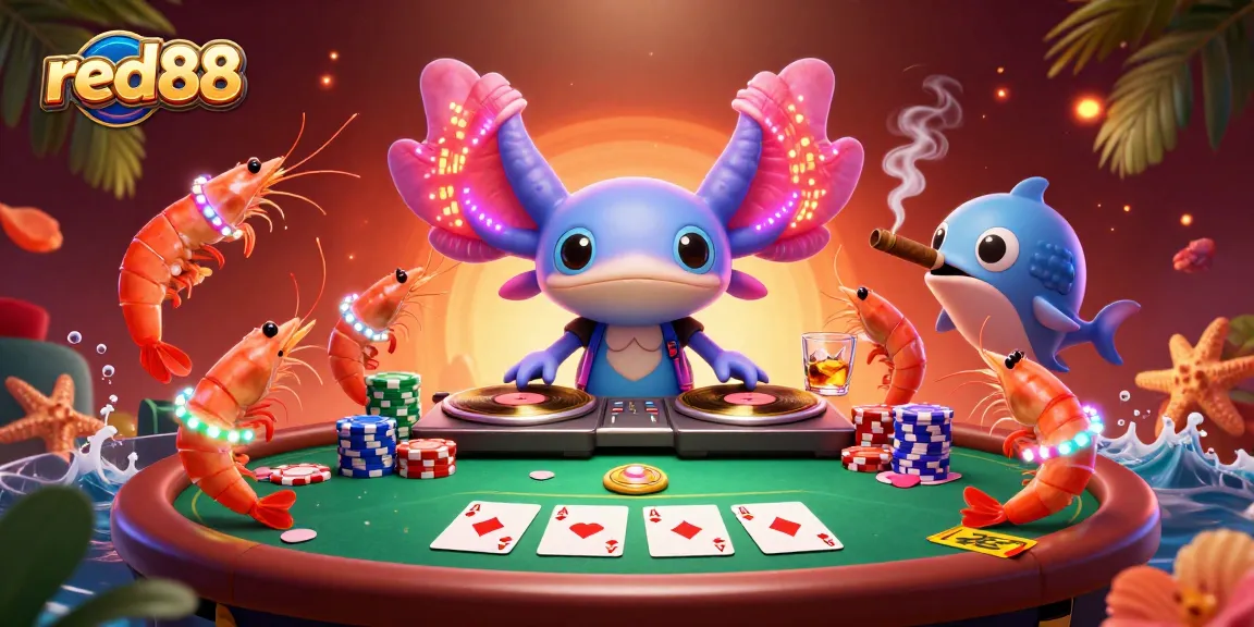 Experience the vibrant energy of red88's casino scene featuring unique cartoon characters engaging with poker elements.