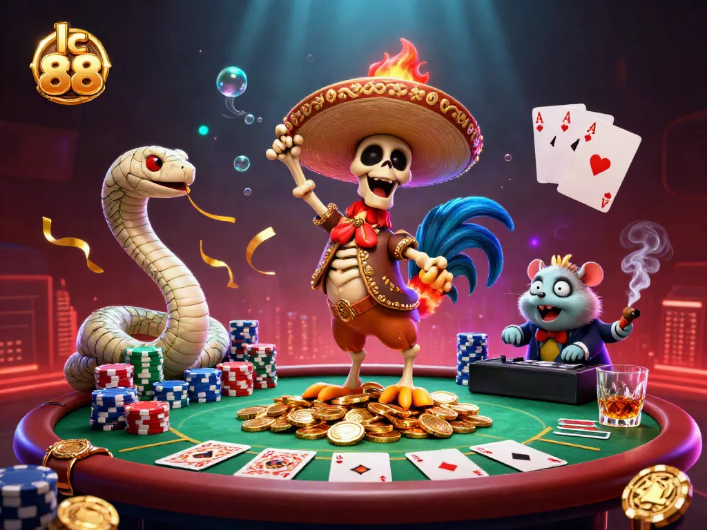Experience the vibrant celebration of lc 88 with a dancing mariachi rooster, money, and poker excitement.