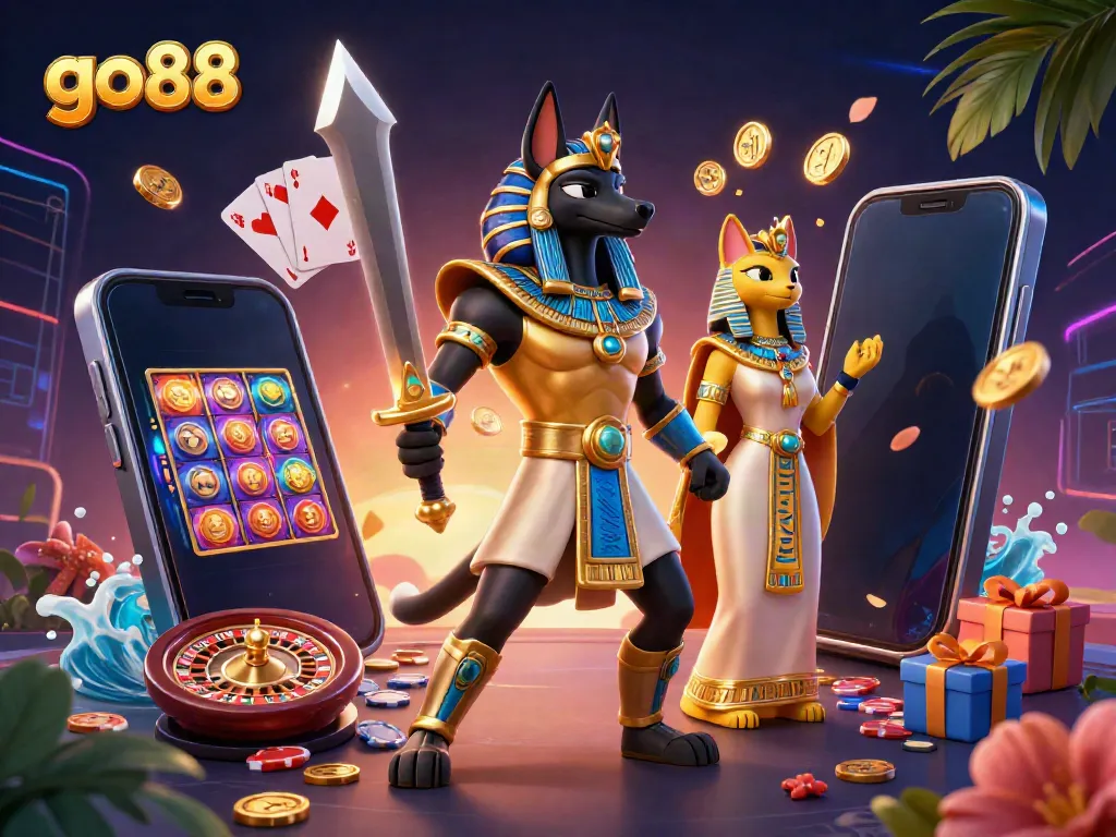 Engage in thrilling gameplay with go88's vibrant casino elements, led by Anubis and Bastet.