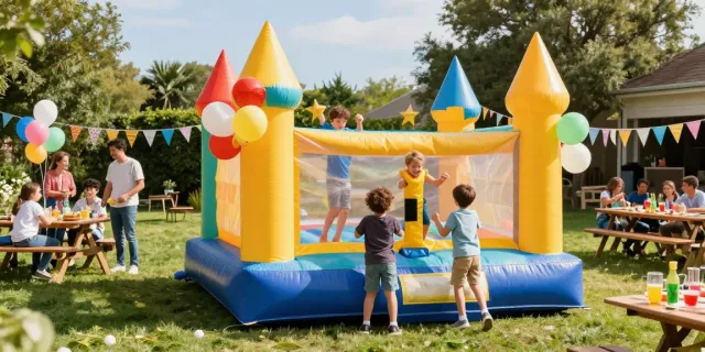 Children enjoying a fun-filled bounce castle party on a sunny day.