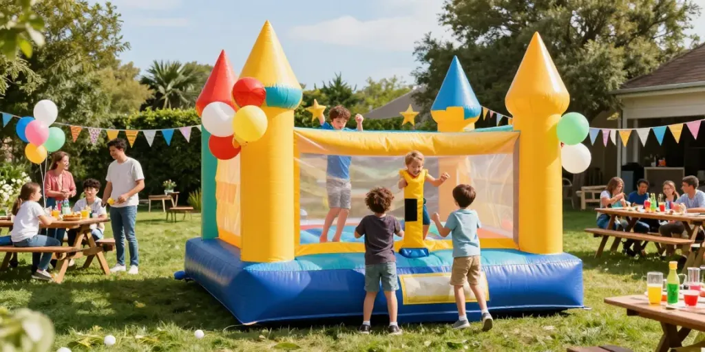 Children enjoying a fun-filled bounce castle party on a sunny day.