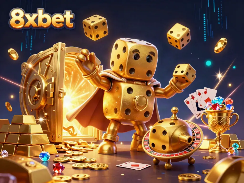 Experience thrilling wins with 8xbet in this vibrant casino-inspired 3D illustration