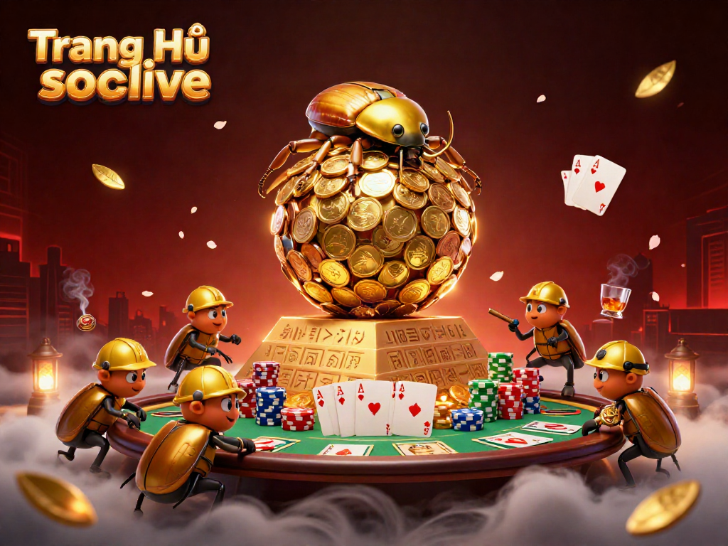 Engage with Trang Chủ socolive, as the golden dung beetle rolls coins up a pyramid surrounded by casino symbols.