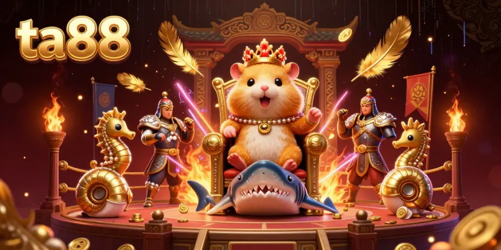 Join the tiny hamster king in a fierce TA88 gambling battle surrounded by royal seahorses and nautilus companions.