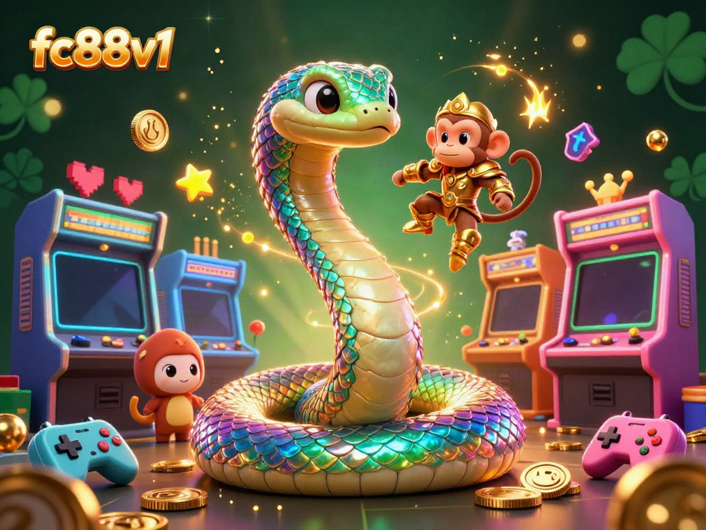 Experience thrilling gameplay with FC88v1's vibrant 3D casino scene featuring a colorful rainbow serpent and golden monkey king.