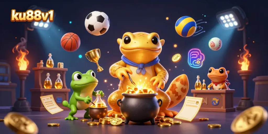 Experience the vibrant excitement of ku88v1 with a detailed illustration of dynamic 3D gambling elements and characters.