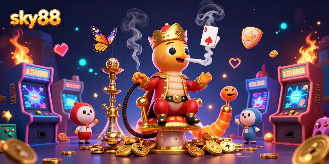 Engage with the vibrant gaming atmosphere at sky88, featuring exciting casino elements and a whimsical caterpillar character.