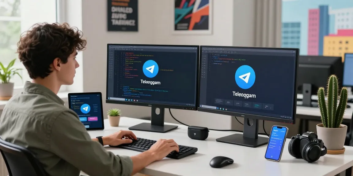 Downloading Telegram app on a sleek workspace with monitors, showcasing digital communication technology.