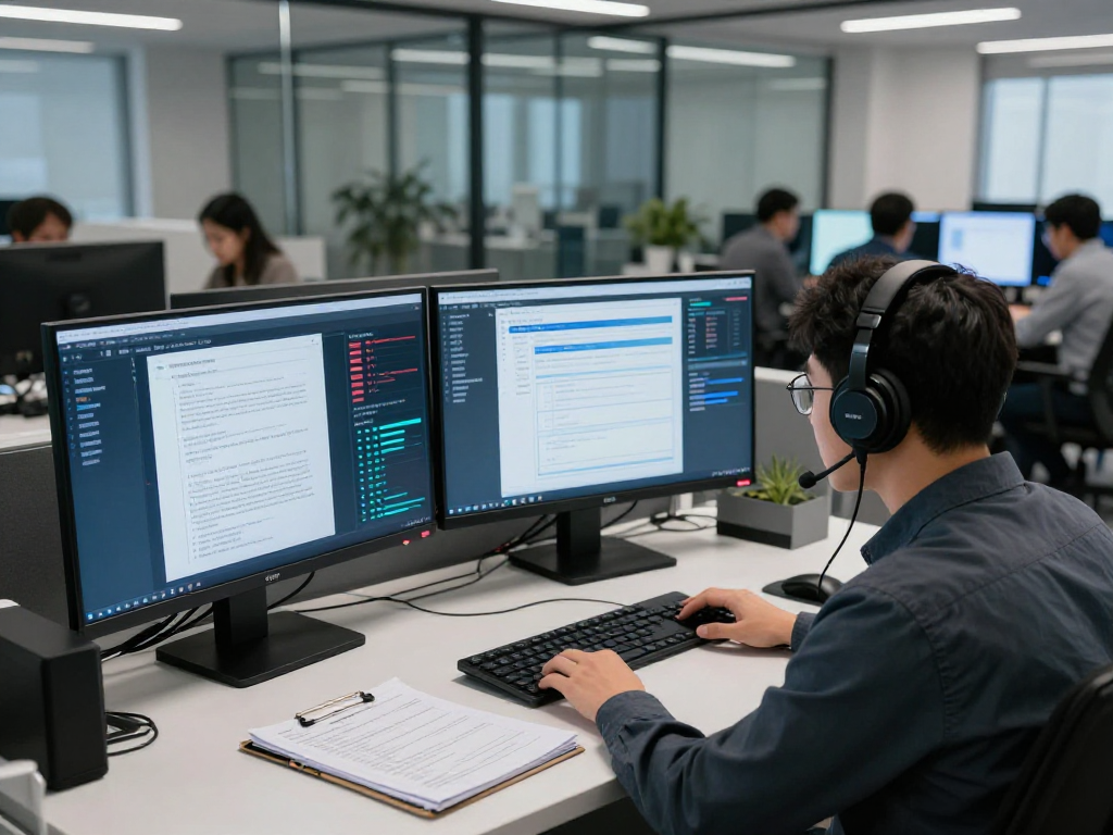 Analyst in a high-tech office conducting document fraud detection with advanced AI tools and dual screens analyzing authenticity.