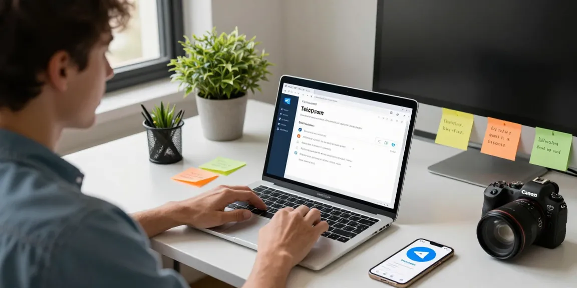 Configuring Telegram中文 settings on a laptop in a modern workspace.