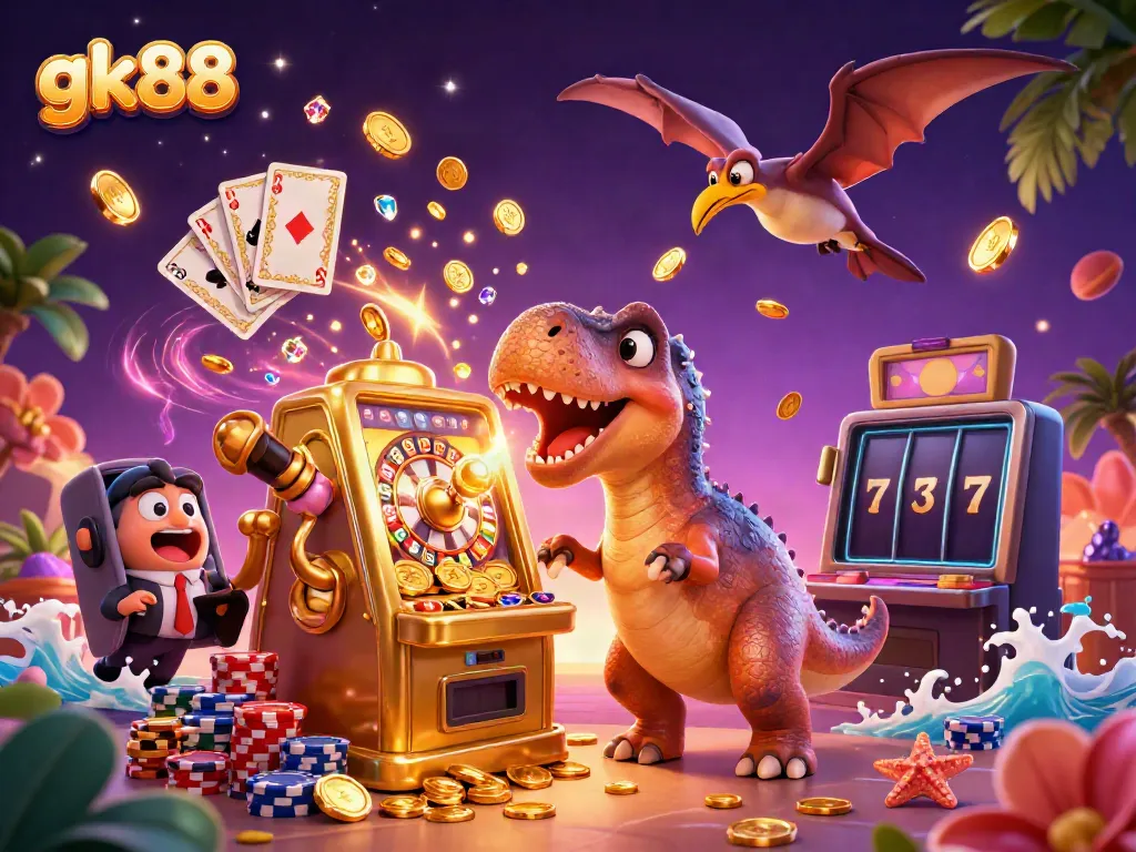 gk88 slots scene with 3D dinosaur headbutting slot machine, coins flying around
