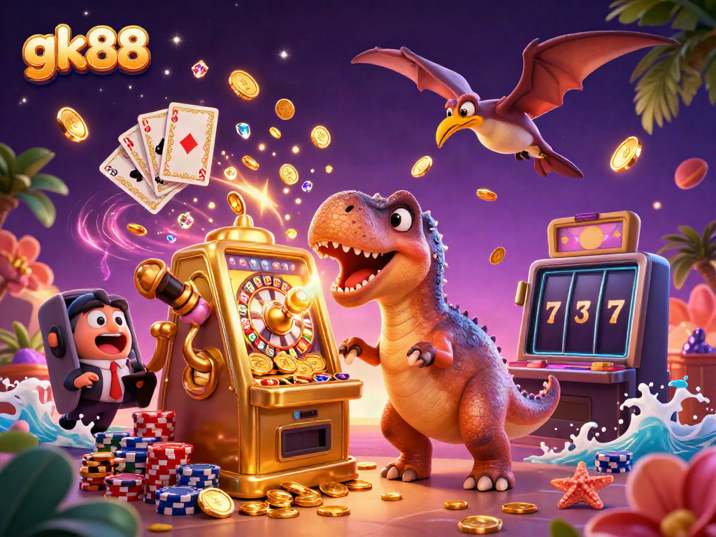 gk88 slots scene with 3D dinosaur headbutting slot machine, coins flying around