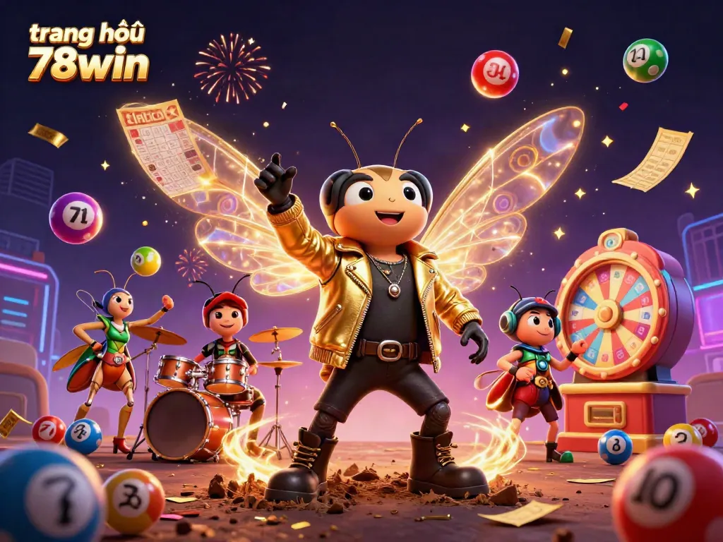 Festive scene showcasing the vibrant "trang chủ 78win" entertainment atmosphere with lottery balls and characters.