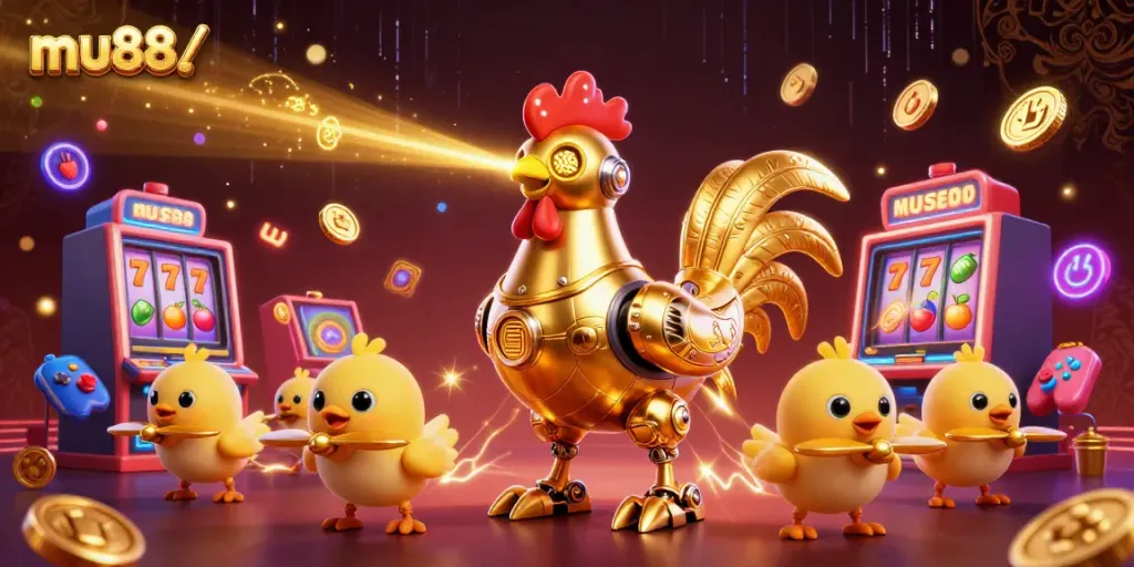 Experience immense excitement at mu88/. with a vibrant 3D scene filled with a golden rooster robot and animated game elements.