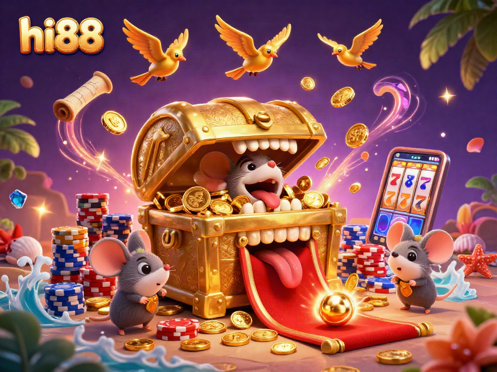 Engage with hi88 as adventurer mice approach a golden treasure chest in a lively casino setting.