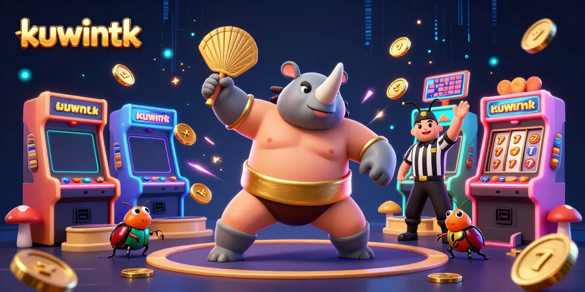 kuwintk displays a vibrant casino scene with beetle characters winning coins and gaming icons.