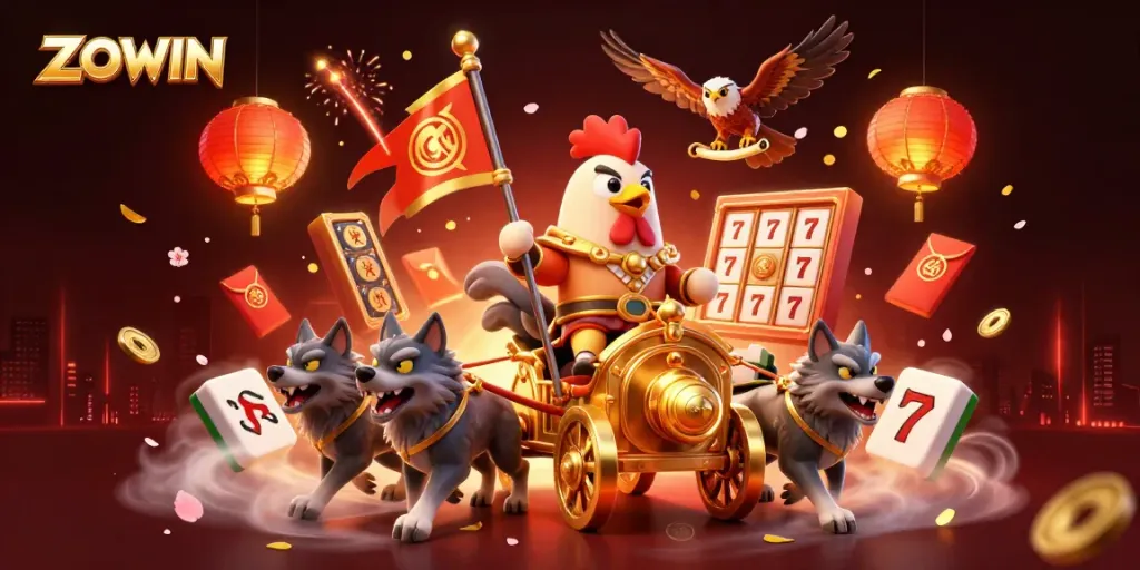 ZOWIN slots showcased in a vibrant 3D illustration featuring a rooster warlord and golden chariot, captivating gamers.