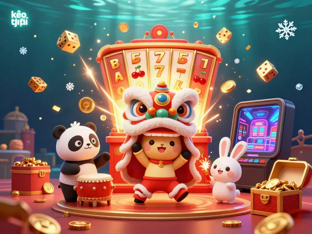 Experience thrilling kèo trực tuyến action with vibrant lion dance, jackpot slots, and festive casino elements