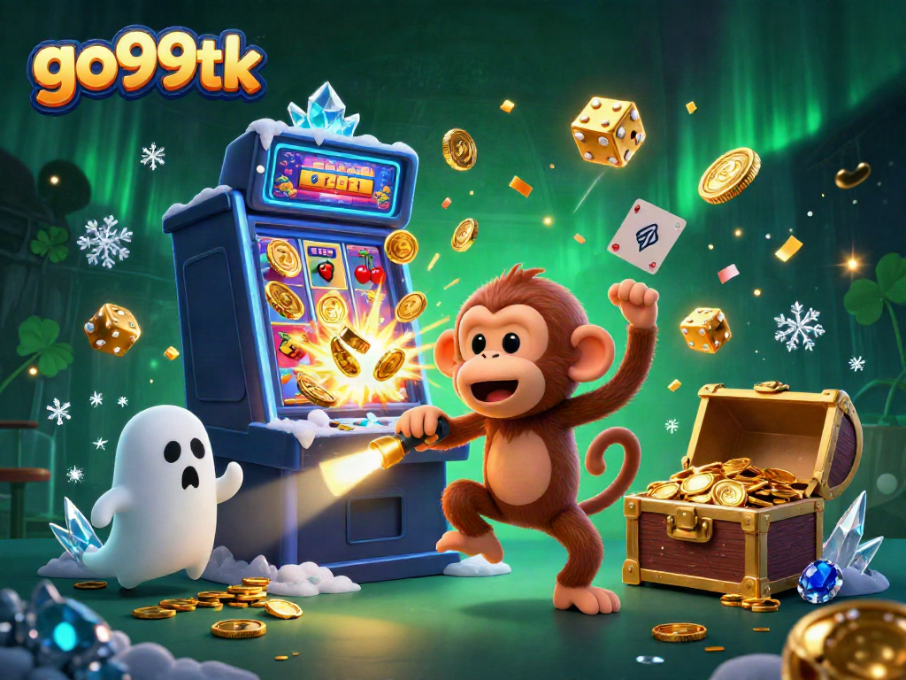 Engaging scene with a playful poltergeist monkey and a curious puppy in a haunted casino, showcasing go99tk.