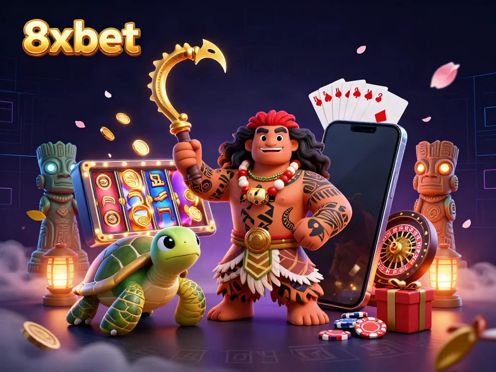 Experience thrilling action with 8xbet in a rich 3D casino scene featuring dynamic gaming elements.