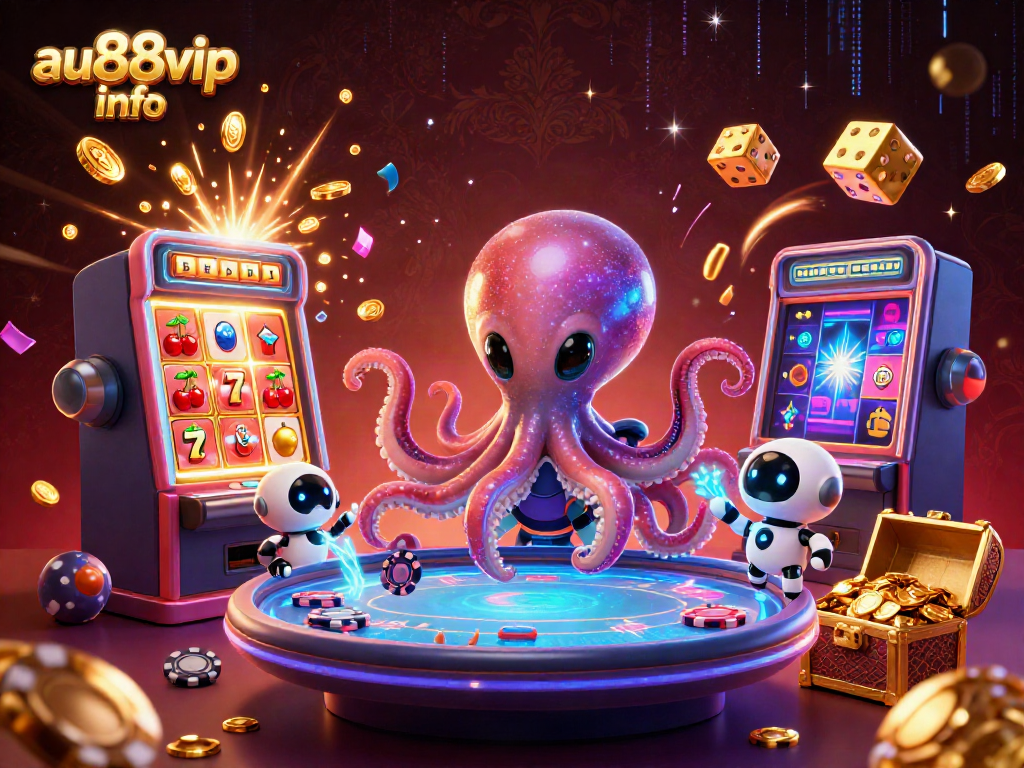 Experience thrilling gameplay at au88vip info with an alien octopus dealer surrounded by vibrant casino elements.