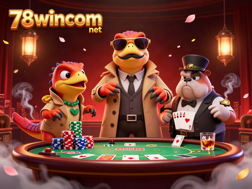 Experience the thrill of 78wincom net with cartoon raptors and a poker scene in a vibrant casino.
