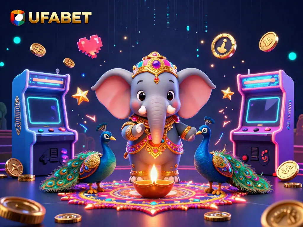 Engage with UFABET’s vibrant cartoon elephant and peacock in a lively casino setting filled with gaming action.