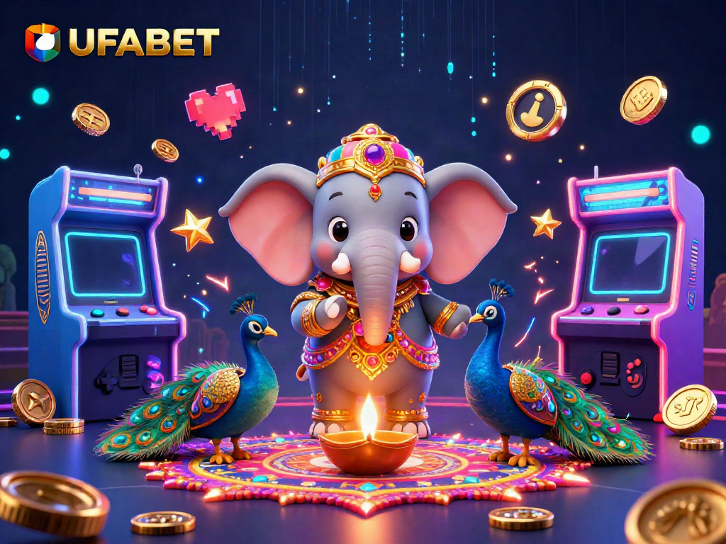 Engage with UFABET’s vibrant cartoon elephant and peacock in a lively casino setting filled with gaming action.