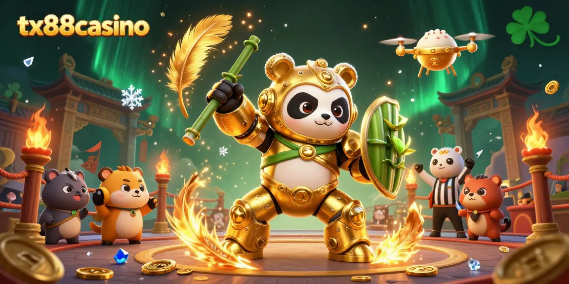 Engage with tx88casino's vibrant gambling world featuring a golden panda in a dynamic casino battle arena.
