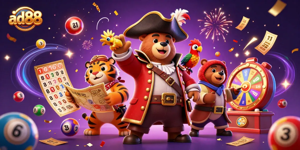 Engage with ad88 through an exciting scene featuring lottery elements and vibrant characters.