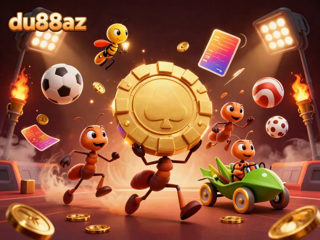Experience the excitement at du88az with a vibrant cartoon heist scene featuring playful ants and sports elements.