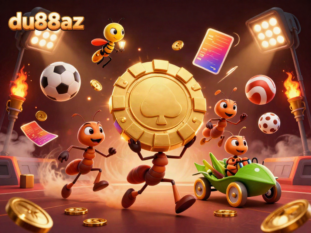 Experience the excitement at du88az with a vibrant cartoon heist scene featuring playful ants and sports elements.