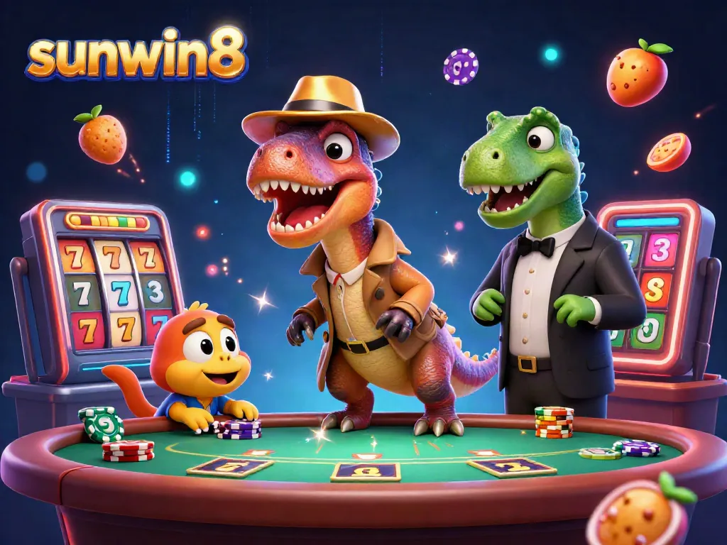 Experience dynamic gameplay with sunwin8, where a sneaky velociraptor tries to win at blackjack surrounded by vibrant slot game elements.