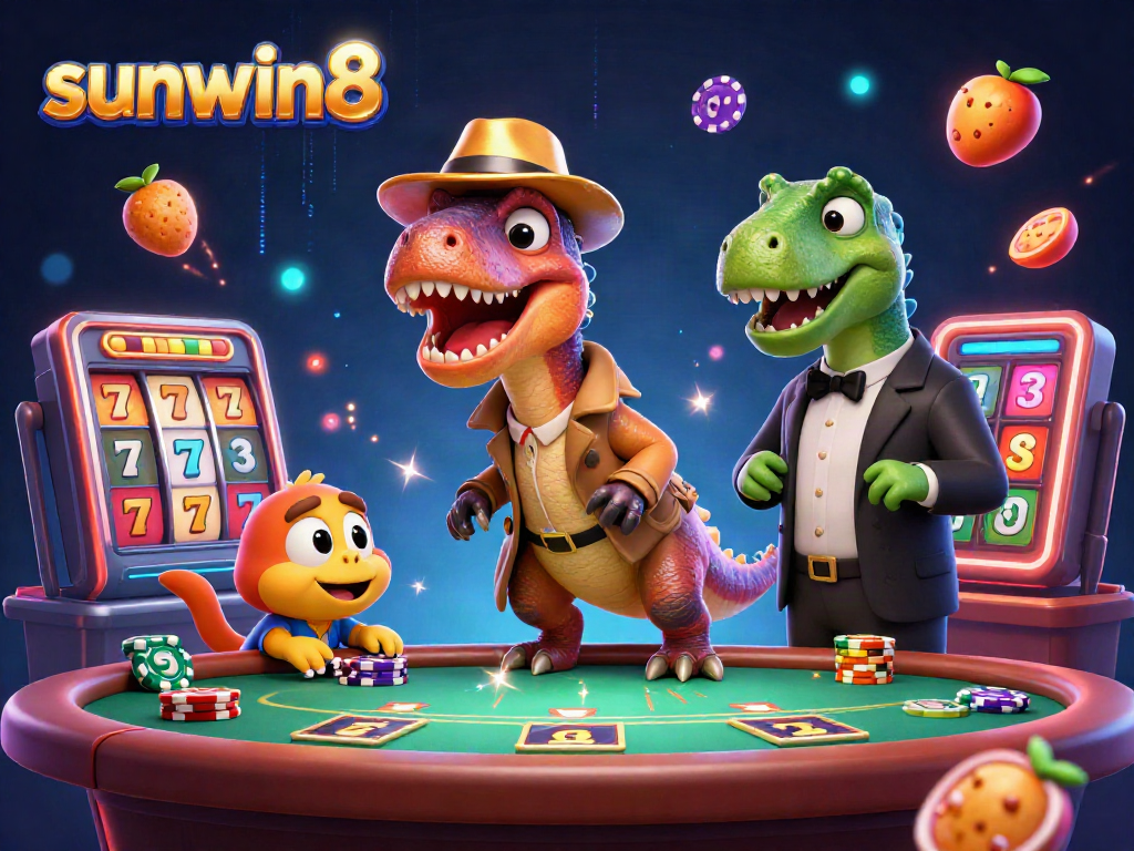 Experience dynamic gameplay with sunwin8, where a sneaky velociraptor tries to win at blackjack surrounded by vibrant slot game elements.