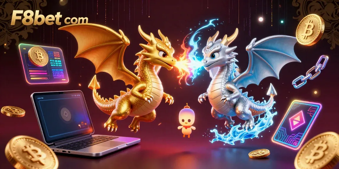 Join F8bet com in an exciting scene with dragons and glowing crypto coins in action.