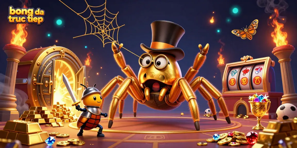 Engage in thrilling bong da truc tiep action with a giant golden tarantula weaving golden threads between casino elements.